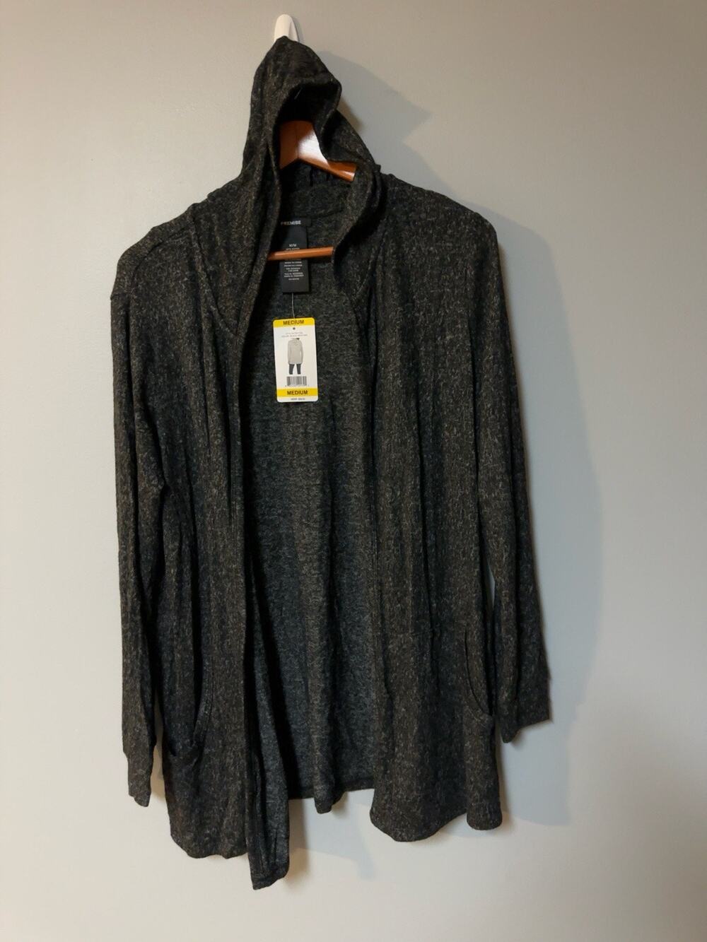 Premise Hooded Open Front Cardigan Sweater Medium Black Heather NWT Soft Pockets